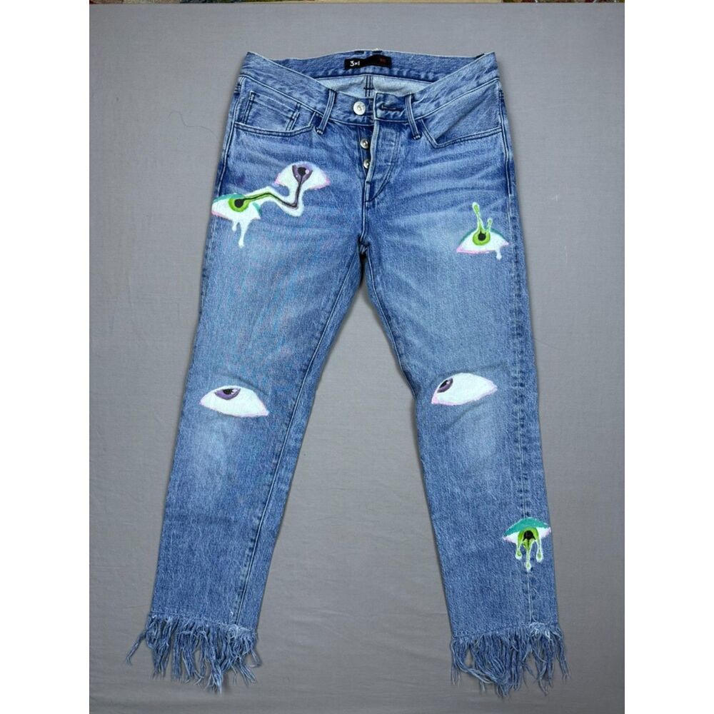 3x1 NYC Stella Custom Hand Painted Eyeball Graphics Fringe Hem Jeans
